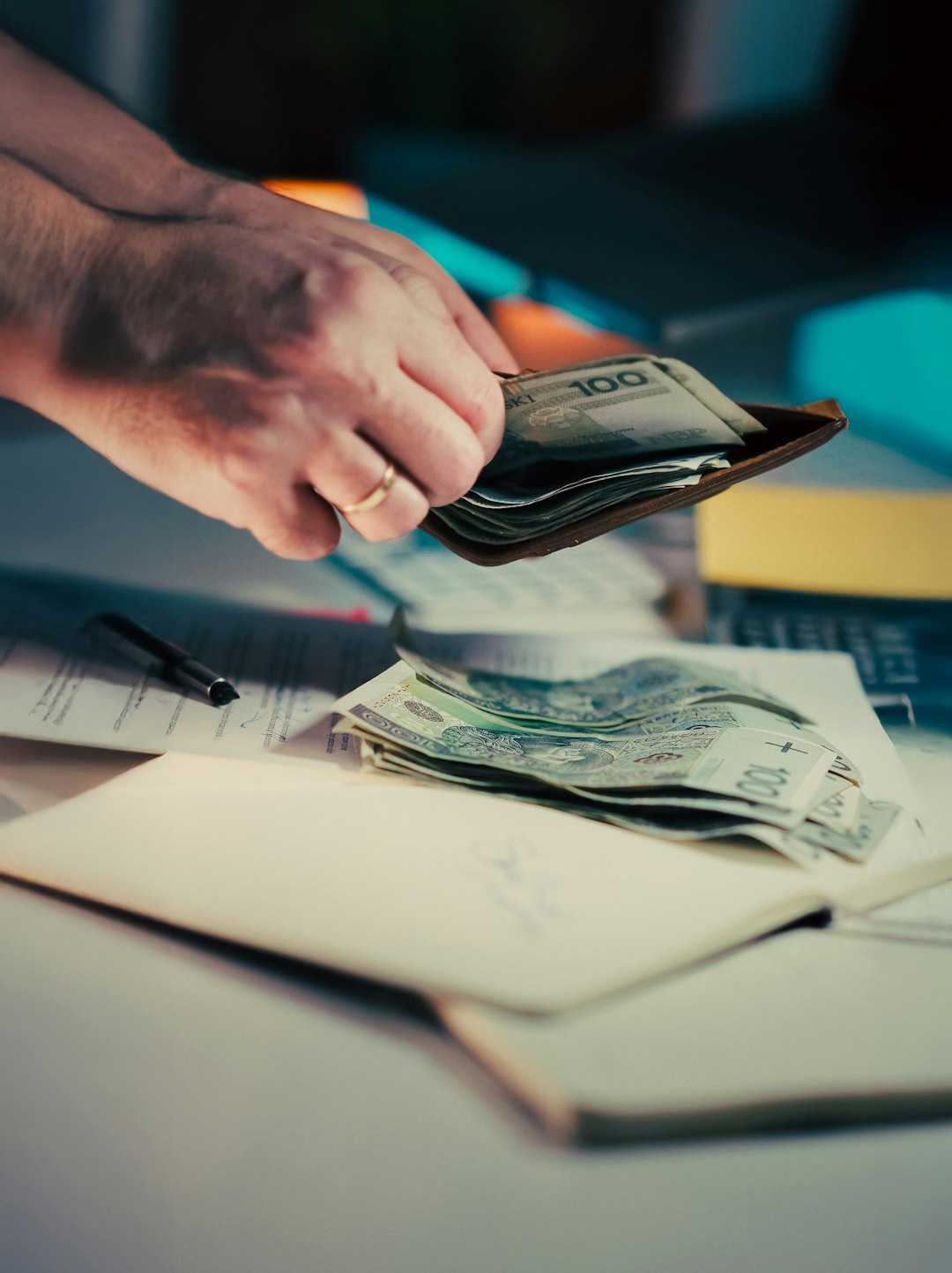 Counting Polish Zloty Wallet Finance Office Documents. Close-up male hand handling Polish banknotes and wallet at desk with documents, suggesting salary, contract, or budgeting context